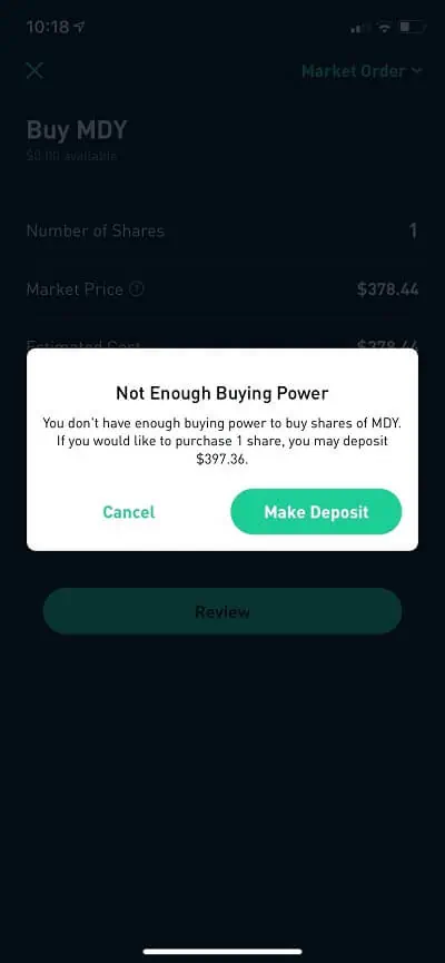robinhood index funds not enough buying power